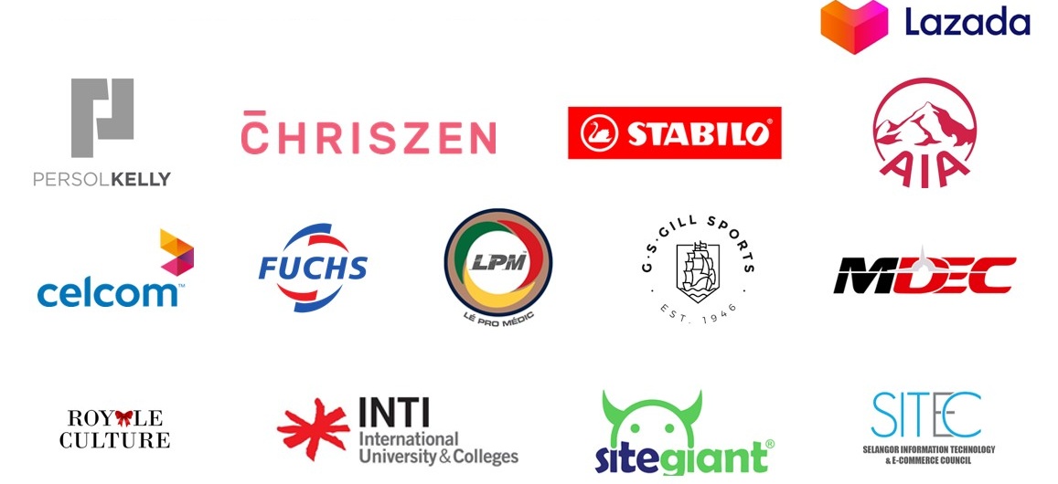 Our Satisfied Clients — Lazada, PersolKelly, Chriszen, Stabilo, AIA, Celcom, Fuchs, Le Pro Medic, G.S. Gill Sports, MDEC, Royale Culture, INTI International University, SiteGiant, SITEC, and many more